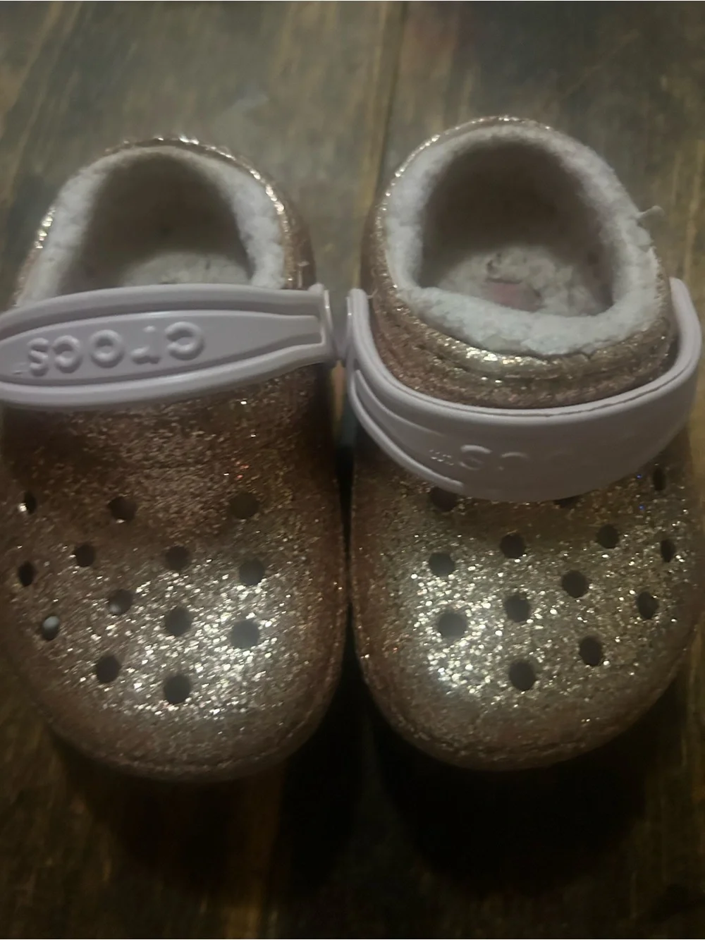 Crocs Shoes Kids Size C 6 Gold Glitter Classic Pink Faux Fur Lined Clog Slip On